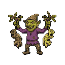 A small, green-skinned goblin stands triumphantly with arms raised, holding two dead animals by their limbs. It has a wide, toothy grin and wears tattered purple and brown clothing against a solid purple background.