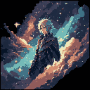 A human-like figure, viewed from the mid-chest up, stands in contemplation against a swirling, starry cosmic background of deep blues, purples, and warm orange accents.