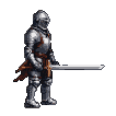 A stoic knight in full plate armor holds a massive sword horizontally, poised for battle.