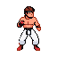 A pixelated martial artist in white gi pants and a black belt, with bare chest and clenched fists, stands in a ready combat stance.