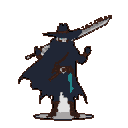 Cloaked figure with glowing blue eyes and a wide-brimmed hat, holding a large sword aloft over their right shoulder. The figure wears dark blue/black robes with a brown belt and a hanging teal cloth, and has light grey/white feet. The background is plain grey.
