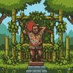 Pixelated statue of a man playing a red guitar in a tropical jungle clearing, framed by a bamboo archway with vines.