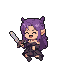 Character with long purple hair and small horns in a dynamic sword attack, with a joyful to determined expression.