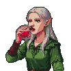A serene elf with silver hair and pointed ears drinks a red potion from a glass.