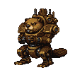 Bronze-armored beaver mech with determined expression, walking left in a 2D animation.