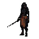 Medieval rogue with hood obscuring face, holding a thin dark sword diagonally downward. Dark armor with gold accents on a solid gray background.