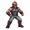 A muscular fighter with a mohawk and sunglasses in a fighting stance.