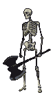 Gaunt skeleton in white pixel art, holding a large dark axe against a fragmented dark background.