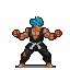 Fighter with blue hair and red hand wraps performing a punch and kick combo.