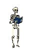 A skeletal figure clutches a dark blue object to its chest against a muted grayish-tan background.