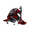 A lone armored knight kneels, head bowed, with a dark red tattered cape. A long staff is planted on the ground. Red pixels suggest blood spatters around the knight.