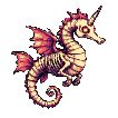 Skeletal seahorse with a unicorn horn, glowing orange eyes, and tattered red and pink fins against a black background.