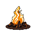 A lively campfire with flickering orange and yellow flames rising from dark brown logs, set against a solid dark brown background.