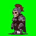 Skeletal warrior in full gray and brown plate armor with a dark red helmet plume, standing centered against a bright green background.