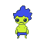 Lime-green character with blue hair dancing energetically, arms and legs flailing.
