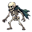 Full-body skeleton in a tattered, dark teal cloak, hunched with splayed fingers, against a black background.