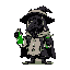Stylized pixel art figure of a plague doctor holding a glowing green potion bottle aloft.