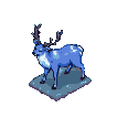 A serene blue reindeer with white markings on its chest and hindquarters stands with its head lowered, appearing to graze.