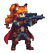 Anime-style character with fox ears and orange hair, wearing a red cape, brown armor, and blue pants, aiming a scoped rifle.