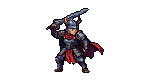 Warrior in gleaming pixelated armor and crimson cape, holding a sword high.