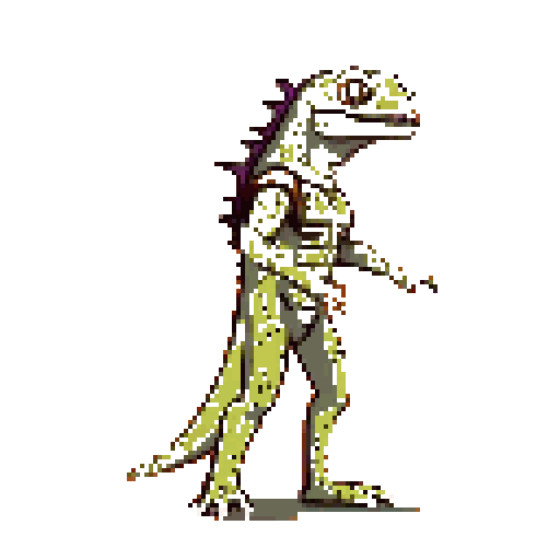 A green, lizard-like creature with brown armor stands upright, angled slightly right, with one arm extended.