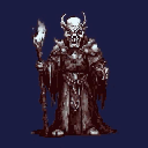 Skeletal horned wizard with outstretched right arm, holding a staff topped with a glowing element. The figure wears ornate robes and stands against a solid dark indigo background.