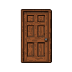 A six-paneled wooden door pivots open, revealing darkness beyond.