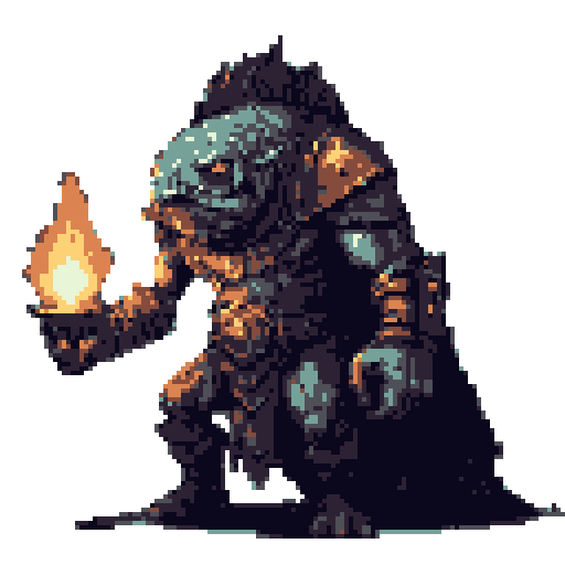 Humanoid creature with textured skin and partial armor, hunched and facing left, holding a bright flame in its left hand.
