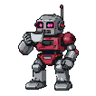 Retro robot with grey body and red accents sips from a white teacup, its pink eyes glowing.