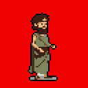 A solitary male wanderer in side profile, facing right, stands against a vibrant red background. He wears an olive green tunic, brown strap, and sandals. His face features a single eye, nose, and a prominent beard. His right arm is bent forward.