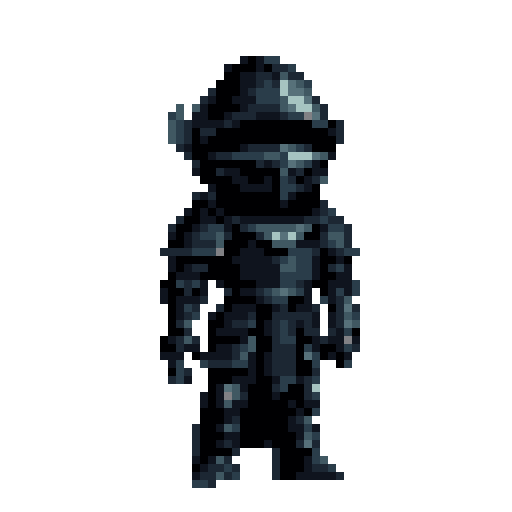 A warrior in dark, full plate armor with a helmet featuring two small wing-like protrusions, stands in a neutral pose against a flat gray background.