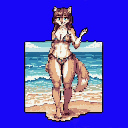Anthropomorphic fox-like female character with light brown fur, white muzzle and chest, and a fluffy tail, wearing a patterned blue and brown bikini, standing on a sandy beach with the ocean and sky behind her.