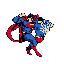 Stylized superhero character in a dynamic pose, left arm raised for a punch, right arm extended holding a shield, against a dark blue background.