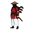 A samurai warrior in red armor and a straw hat draws their katana, preparing to fight.