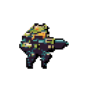 A squat, heavily armored mech stands upright, facing right with a large weapon extended forward.