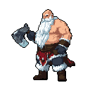 A muscular, bald barbarian with a long white beard, holding a large axe, stands stoically against a dark grey background. He wears leather bracers, boots, and a kilt-like skirt with red accents and fur trim.