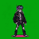 A skeletal figure in futuristic attire, wearing a VR headset, stands on a pink platform against a green background.