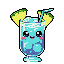 A set of five kawaii cocktails with expressive faces: a blue drink with pineapple, a layered sunset drink with a cherry, a pale yellow milkshake, a pink drink with bunny ears, and a green drink with citrus.