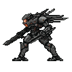 Armored combatant lunging forward with a blade and rifle.