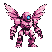 A small, pink mech with delicate wings and a glowing blue optic.