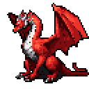 A small, vibrant red dragon with white accents on its underside and muzzle, resting with its wings spread.