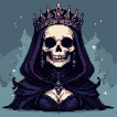 Regal skeleton queen with a jeweled crown and flowing black cloak, surrounded by flickering black flames.