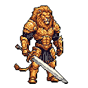 An anthropomorphic lion warrior in ornate golden armor stands holding a large silver sword.