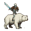 Skeletal warrior in dark armor with an ice sword rides a white polar bear.