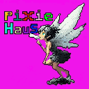 A small winged creature with large blue eyes, positioned in flight facing left with its head turned up, against a solid magenta background. Pixelated text "PIXIE Haus" is in the upper left.