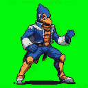 Falco Lombardi from Star Fox, a humanoid avian character, stands in a crouched, ready-for-action pose with fists clenched, looking to the right. He wears a blue flight suit with orange-brown accents on his beak, talons, and armor. The character is isolated against a solid green background.