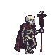 Skeletal figure in a tattered dark cloak and collar, holding a jagged staff, walks to the right.