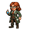 Stylized figure in a lab coat and spectacles, holding a vial of blue liquid.