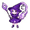 Kawaii witch with purple hair and dress casts a spell, a swirling wave of magic erupts from her hand.