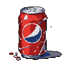 A heavily damaged, upright red soda can with a blue and white circular logo, crumpled and dented with a jagged open top.